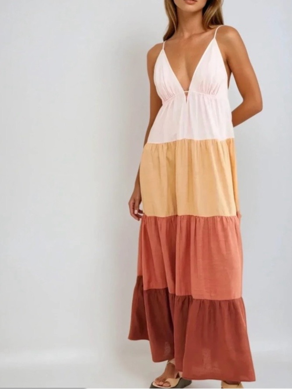 Anthropologie Tiered Maxi Dress in White, Cream & Brown-Tone Blocks